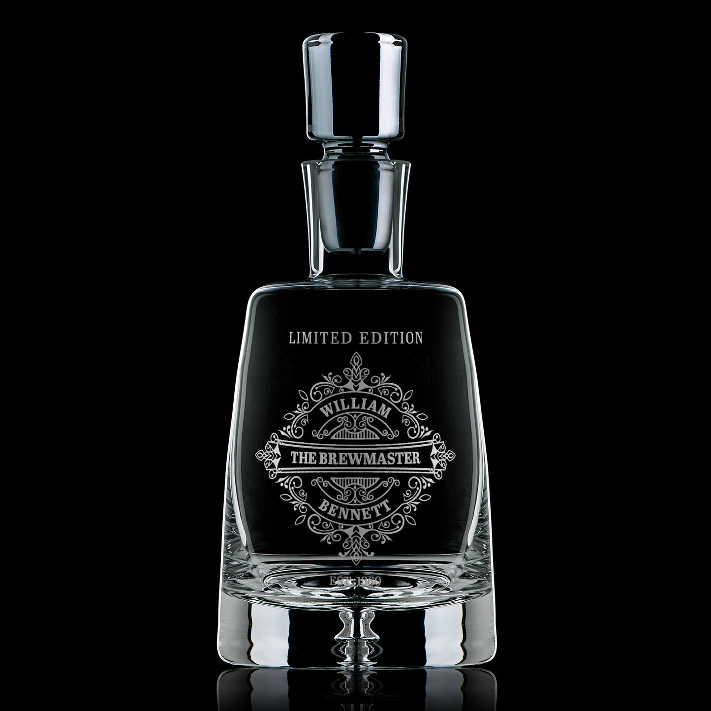 Glass spirit decanter engraved with an intricate classical design, personalised for a birthday gift