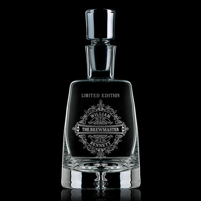 Glass spirit decanter engraved with an intricate classical design, personalised for a birthday gift