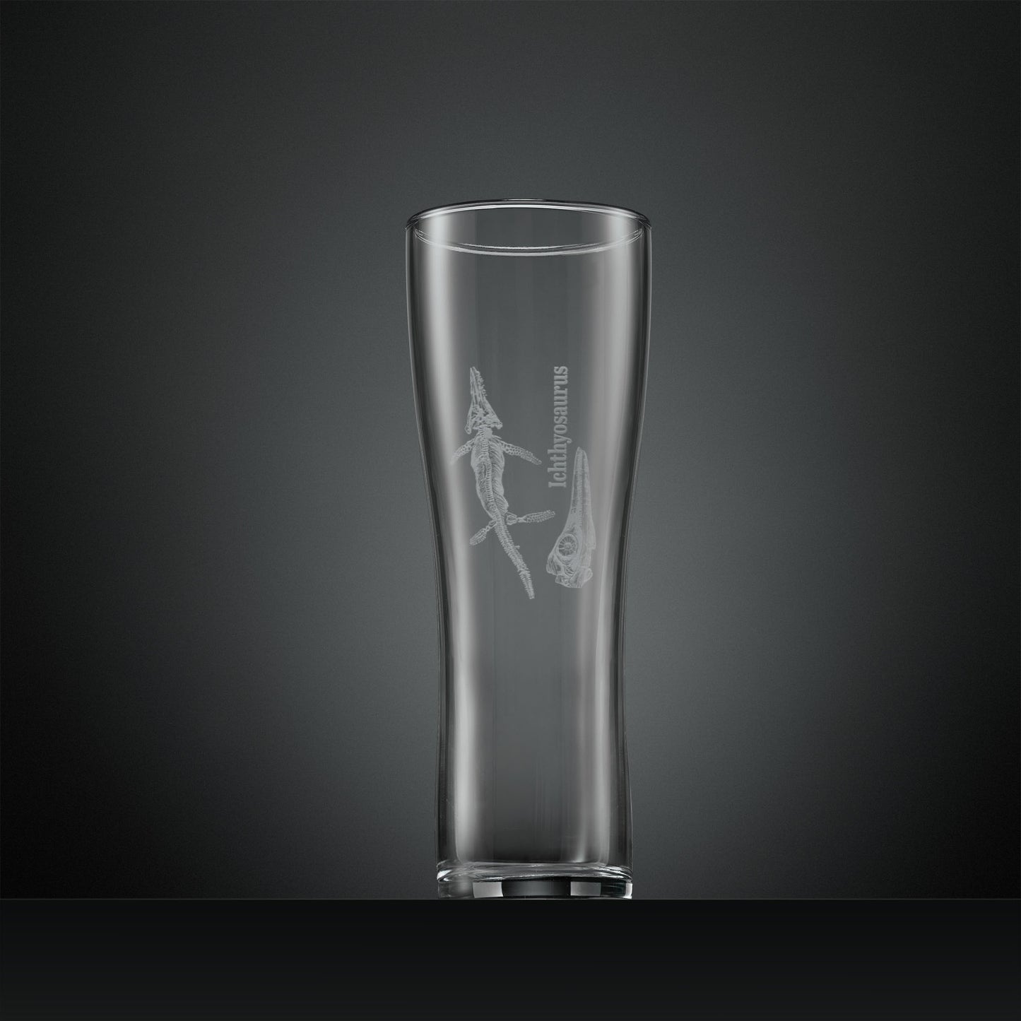 Engraved pint glass with  Ichthyosaurus fossil design