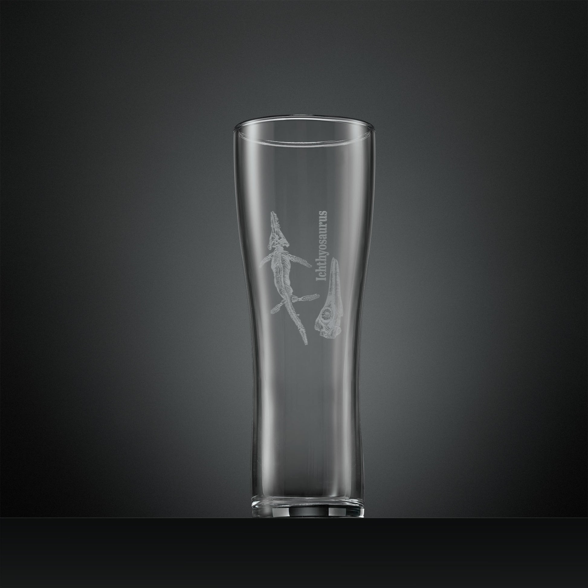 Engraved pint glass with  Ichthyosaurus fossil design