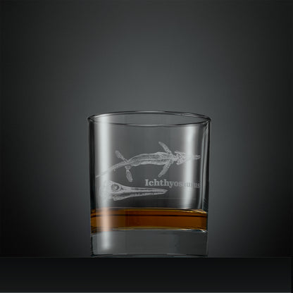Engraved whisky glass with  Ichthyosaurus fossil design