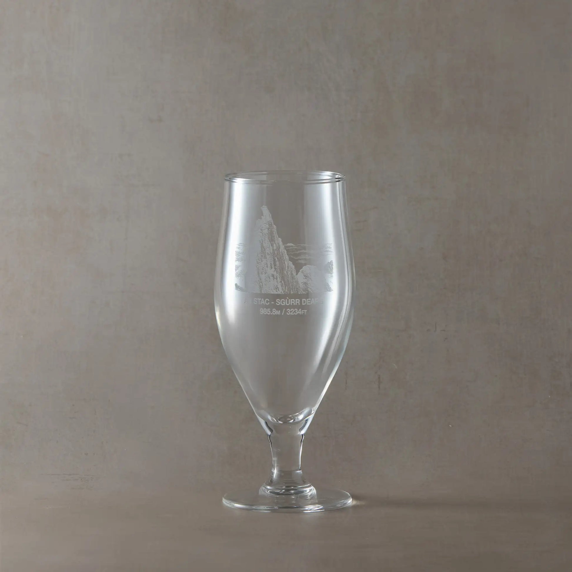 Small chalice-style beer glass engraved with the Inaccessible Pinnacle on Sgurr Dearg, Isle of Skye