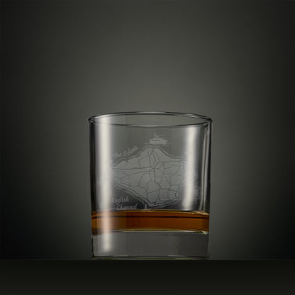 Whisky glass engraved with Isle of Wight coastal map, boats and ferry