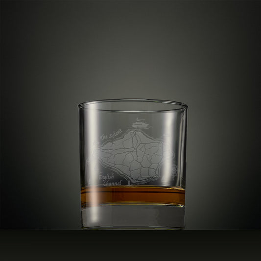 Whisky glass engraved with Isle of Wight coastal map, boats and ferry