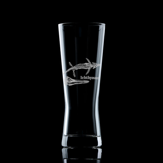 pilsner pint vglass, engreaved with a dinosaur fosiil Ichtyosaur