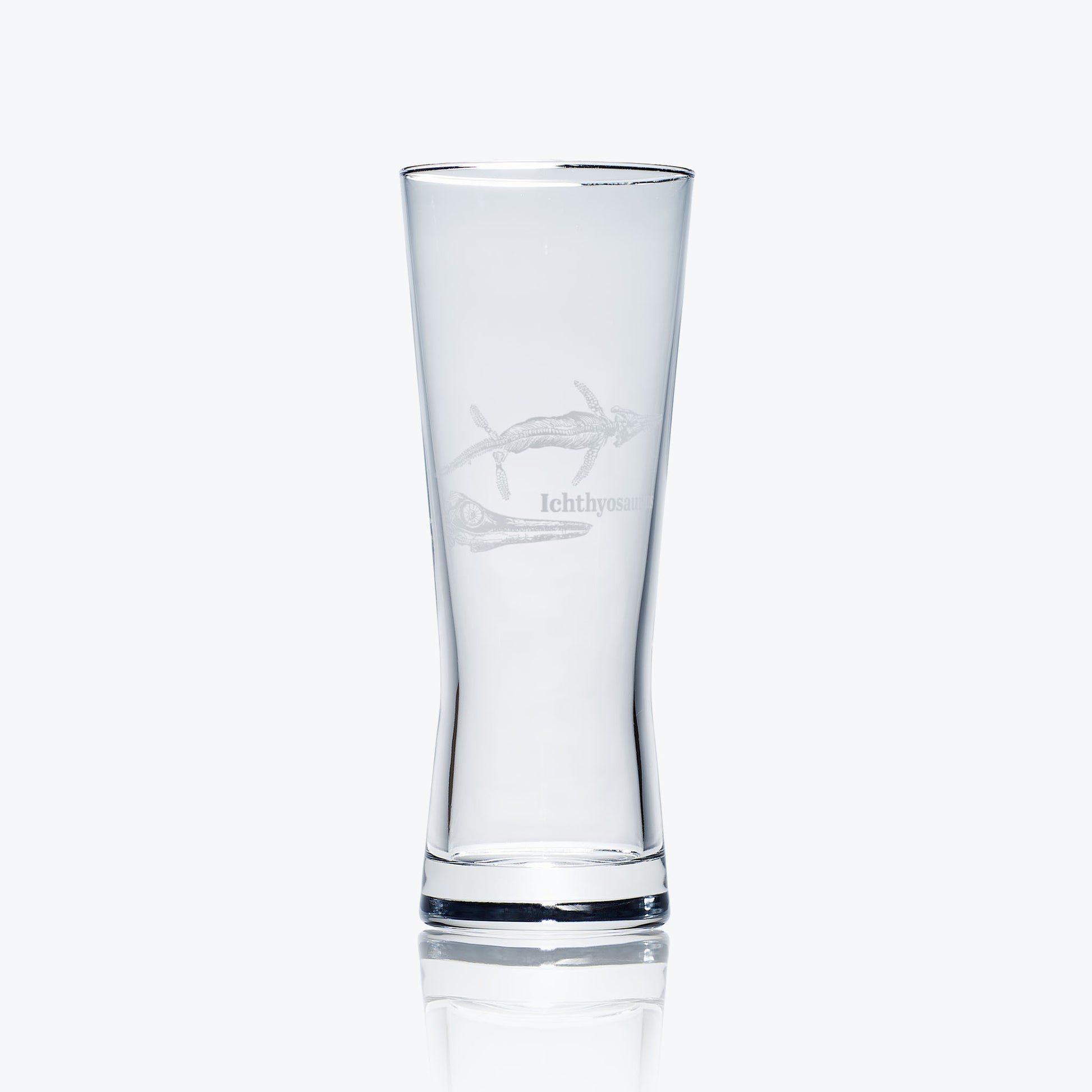 pilsner pint vglass, engreaved with a dinosaur fosiil Ichtyosaur