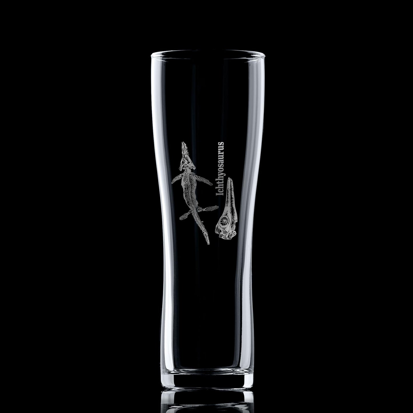 Engraved pint glass featuring a detailed Ichthyosaur fossil design – ideal for paleontology enthusiasts