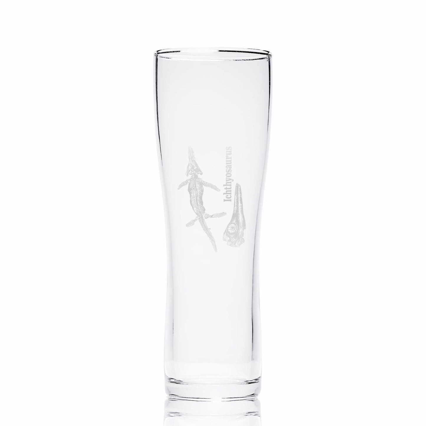 Dinosaur pint glass engraved with an Ichtyosaur fossil and personalised text