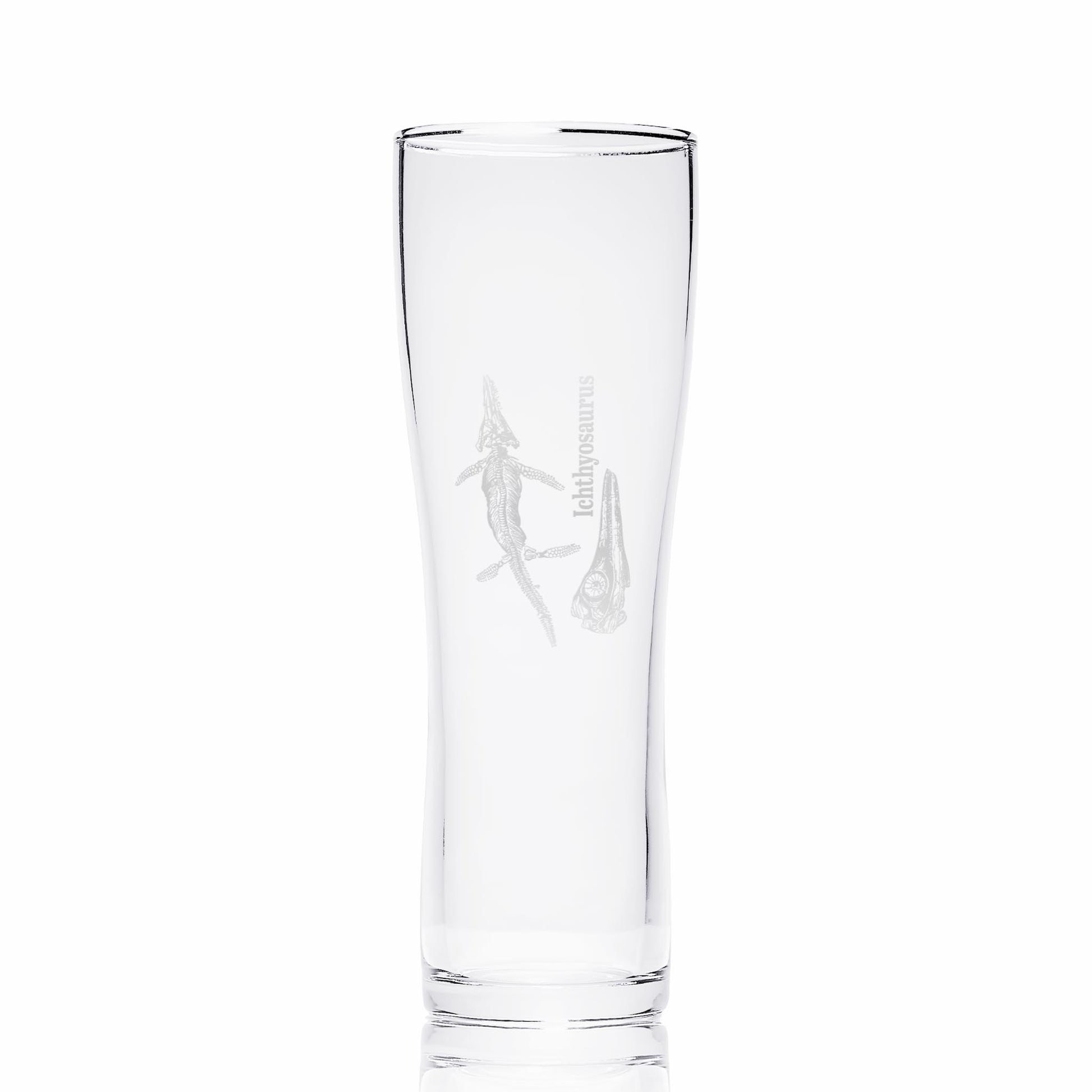 Dinosaur pint glass engraved with an Ichtyosaur fossil and personalised text