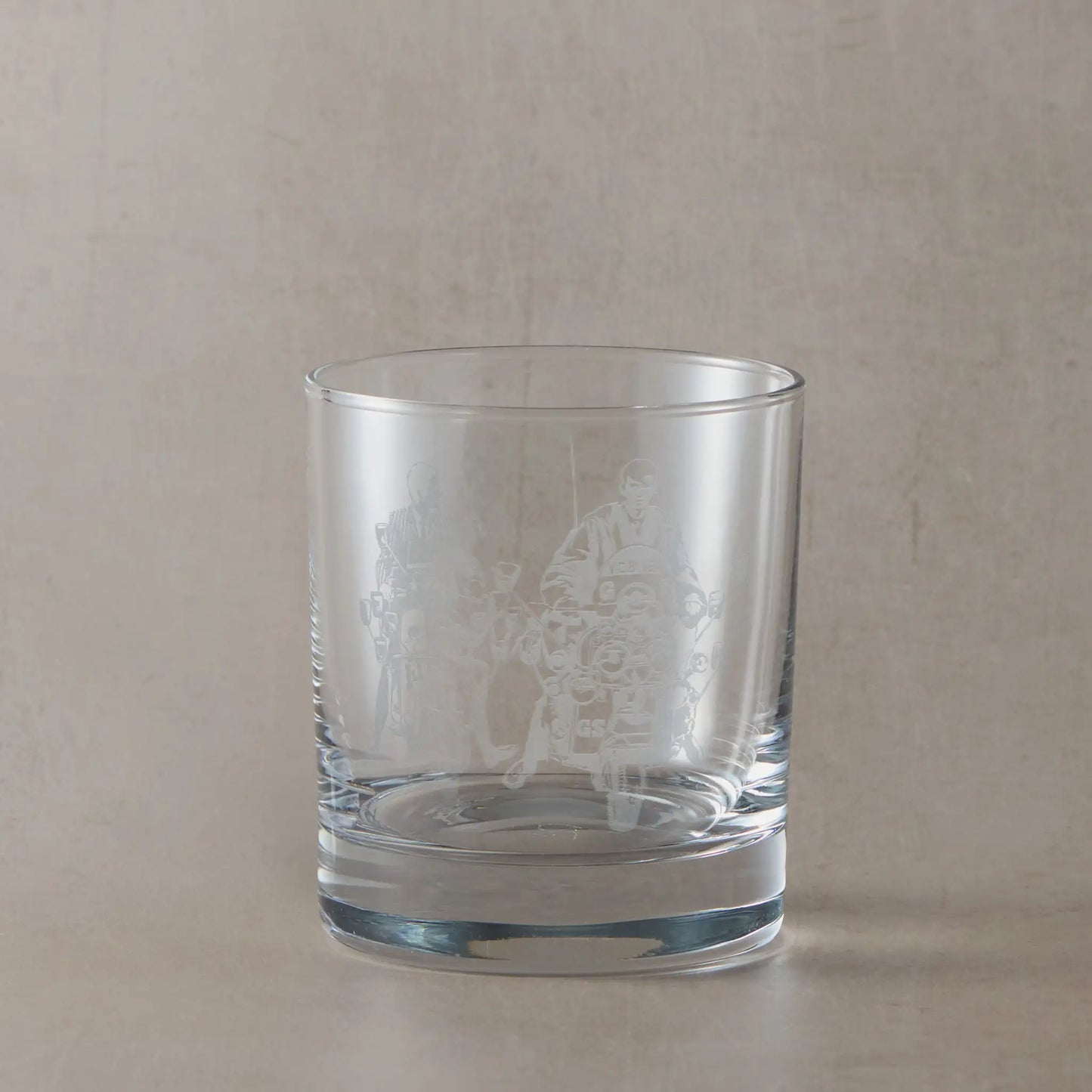 Whisky glass engraved with Jimmy from Quadrophenia riding a Vespa GS, Lambtretta Li