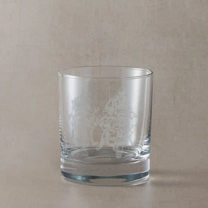 Whisky glass engraved with Jimmy from Quadrophenia riding a Vespa GS, Lambtretta Li