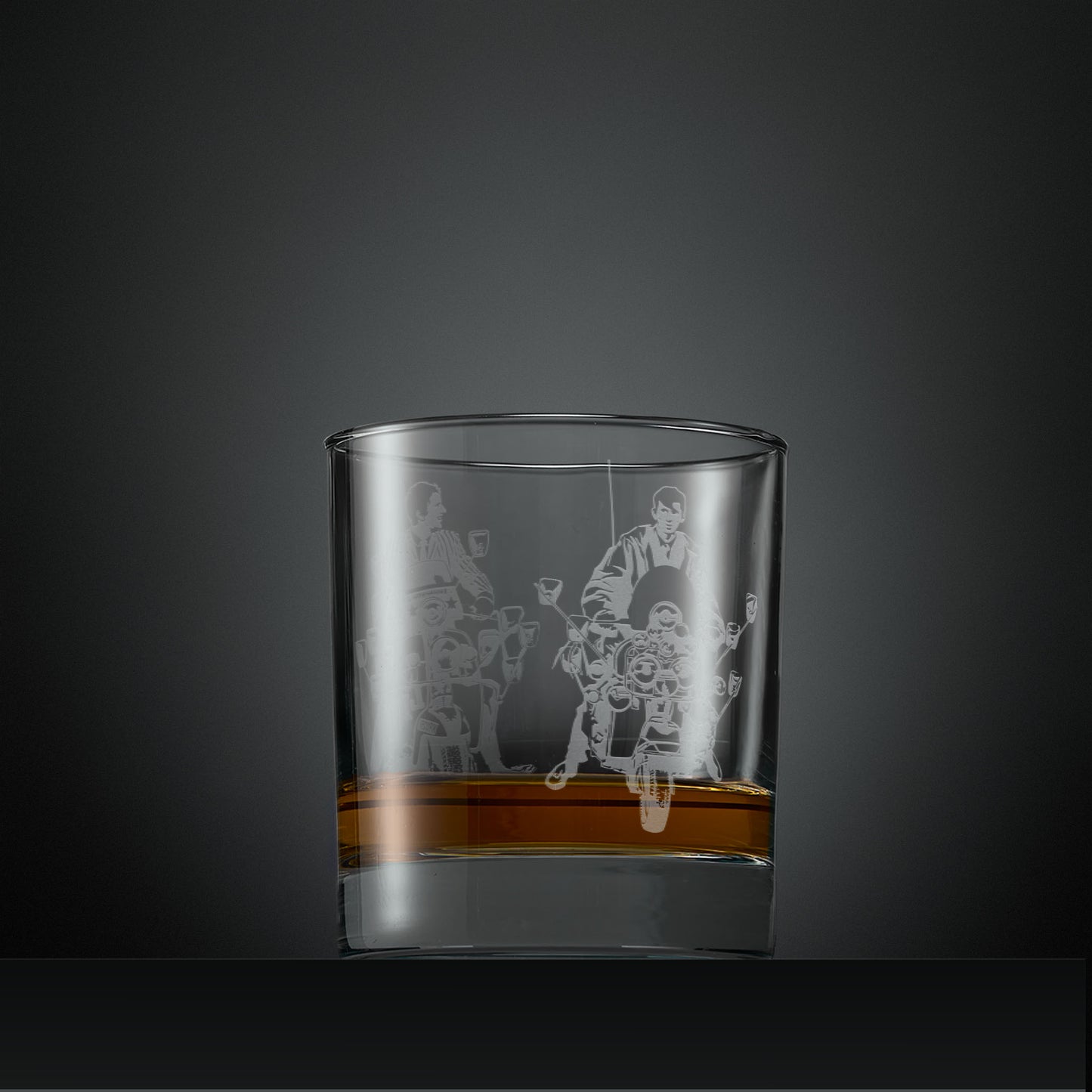 Engraved whisky glass with Jimmy riding Vespa GS and Lambretta LI scooter designs