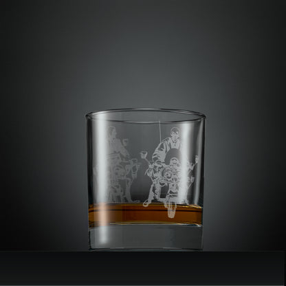 Engraved whisky glass with Jimmy riding Vespa GS and Lambretta LI scooter designs