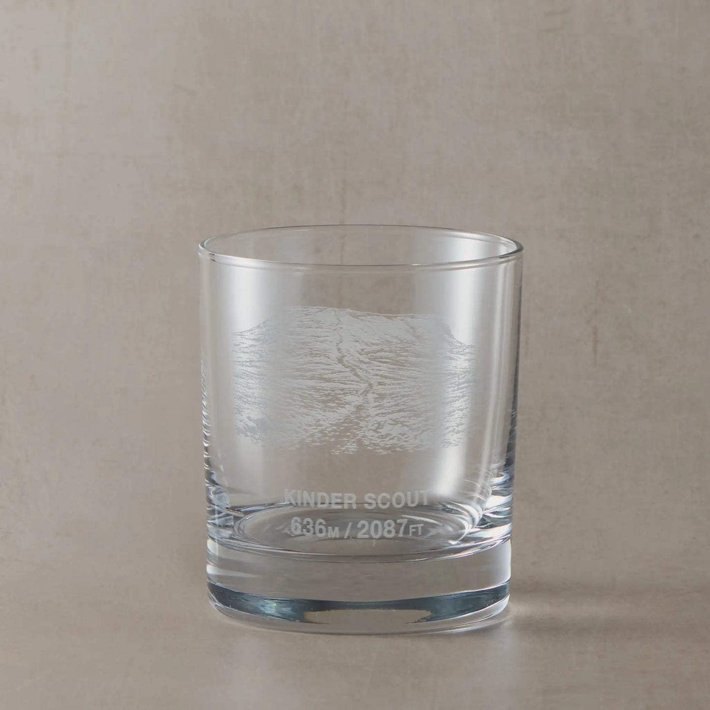 Whiksy glass engraved with the mountain  Kinder Scout and its height in metres and feet