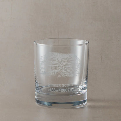Whiksy glass engraved with the mountain  Kinder Scout and its height in metres and feet