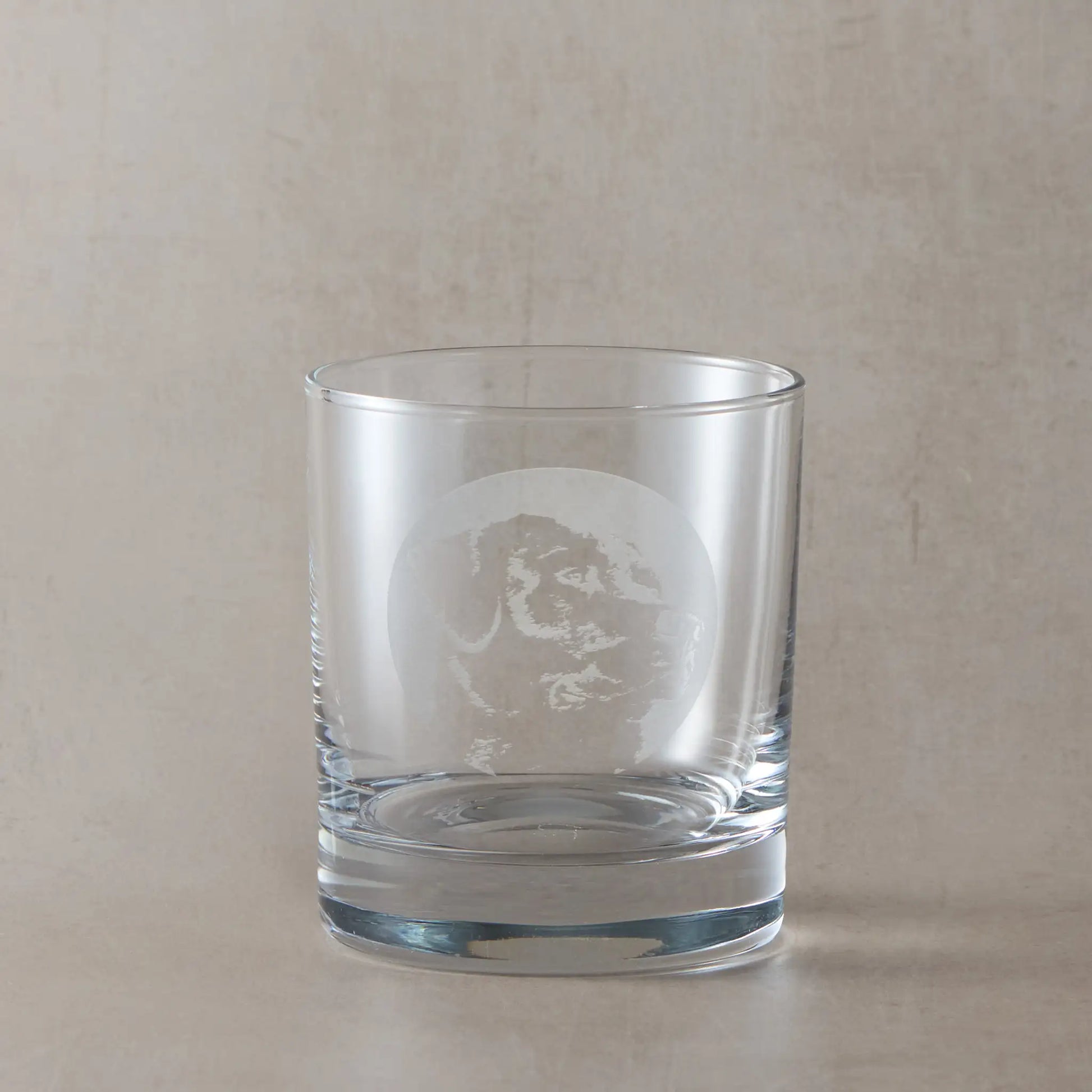 Whisky glass with engraved portrait of a Labrador Retriever on a beige background