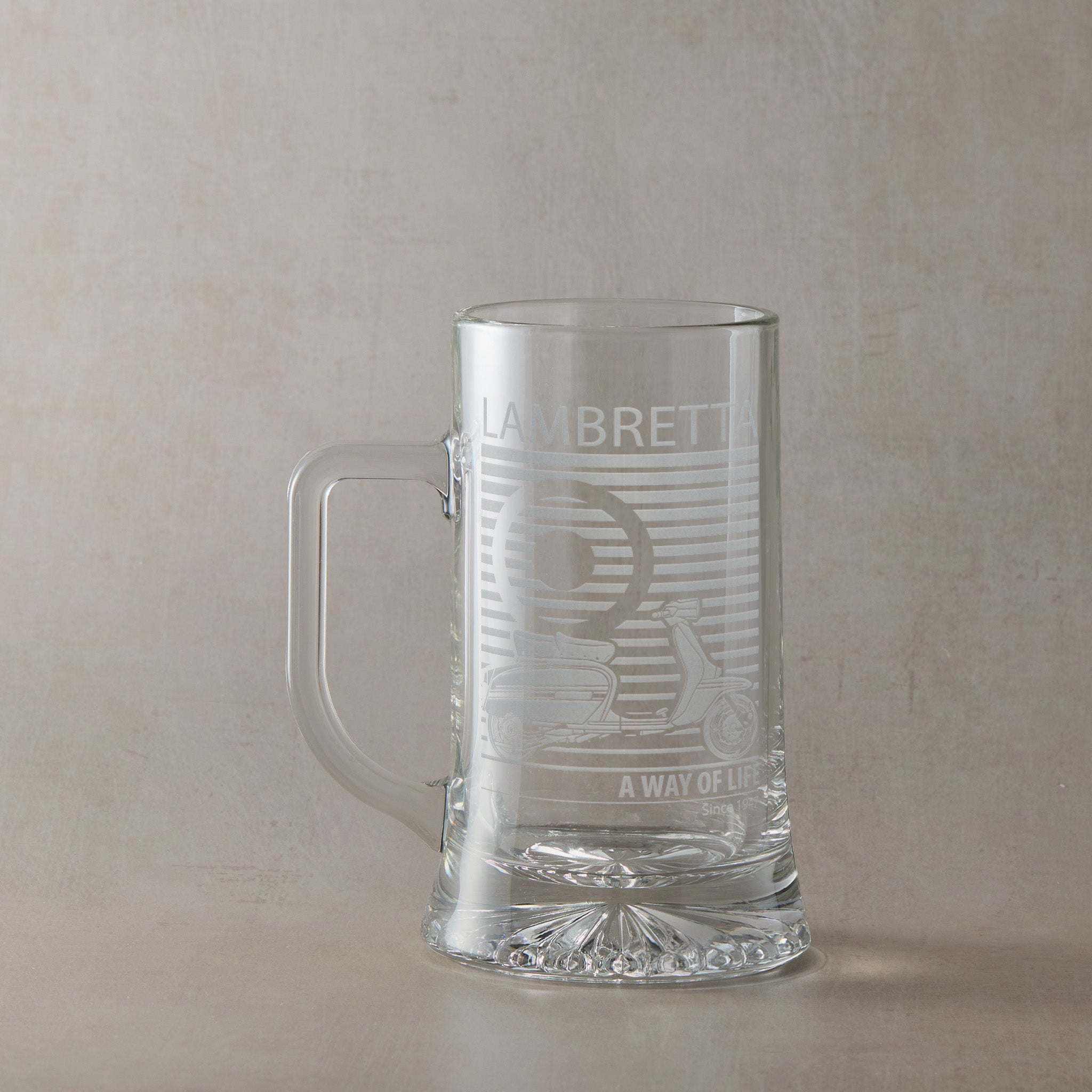 Lambretta GP scooter engraved tankard with handle left, photographed on neutral beige background.