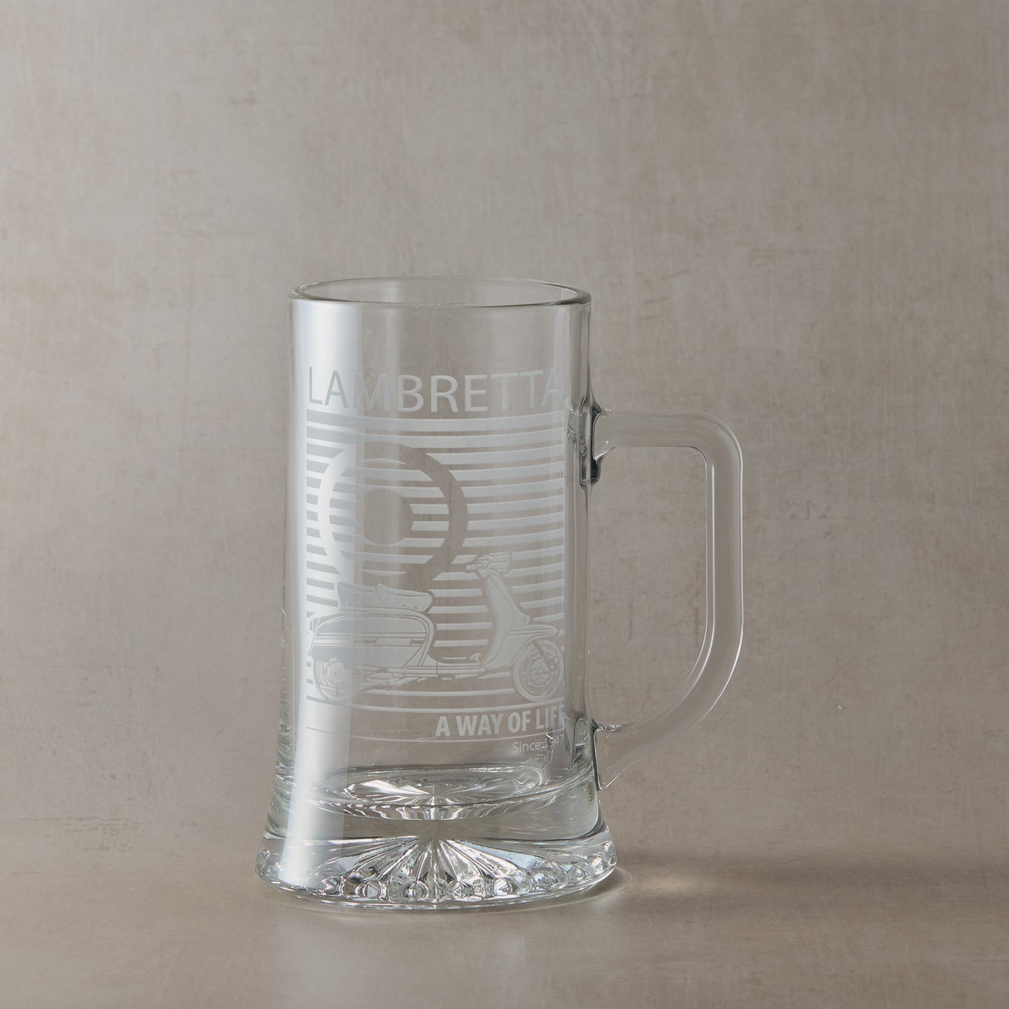 Lambretta GP scooter engraved tankard with handle right, photographed on neutral background.
