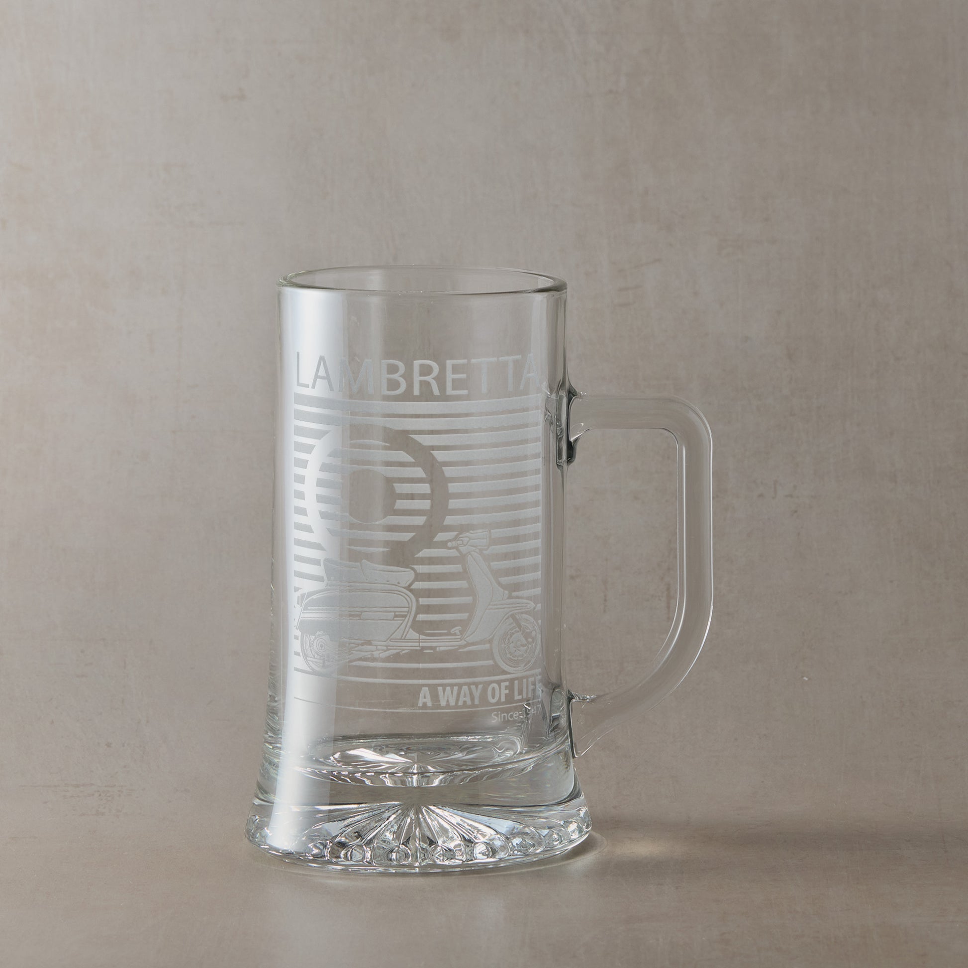 Lambretta GP scooter engraved tankard with handle right, photographed on neutral background.