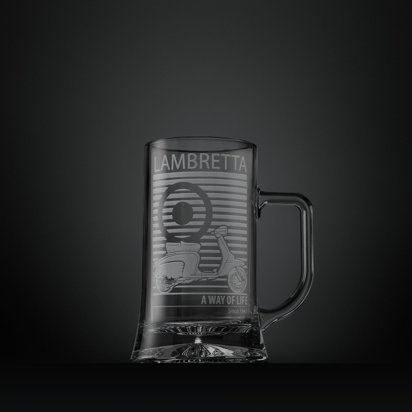 Engraved glass tankard featuring a Lambretta Li Special scooter and MOD target design