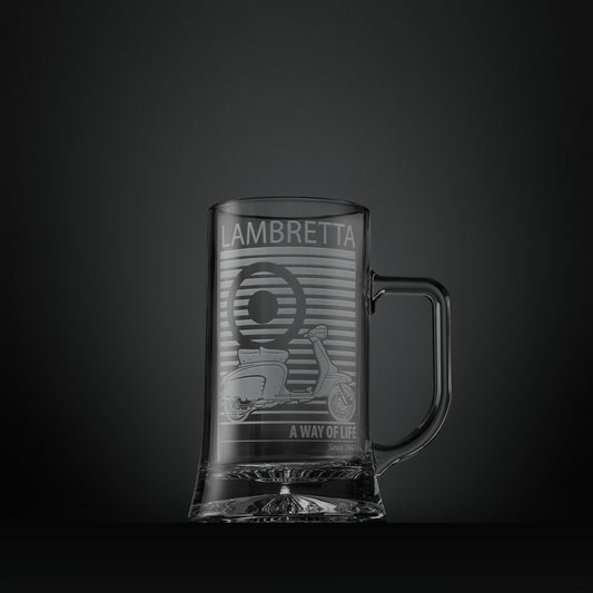 Engraved glass tankard featuring a Lambretta Li Special scooter and MOD target design