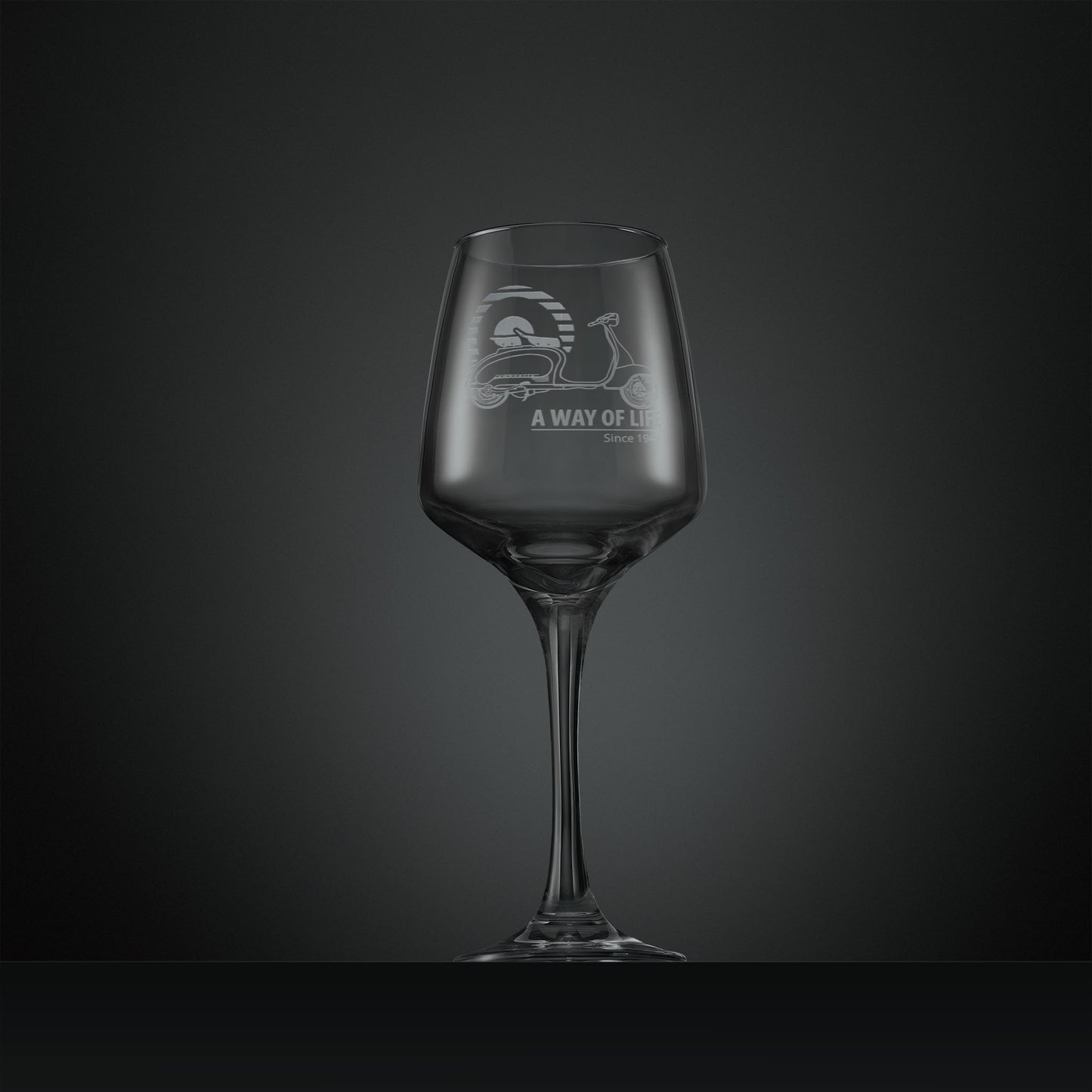 Engraved Lambretta LI Series 2 scooter wine glass with A Way of Life Since 1947 inscription