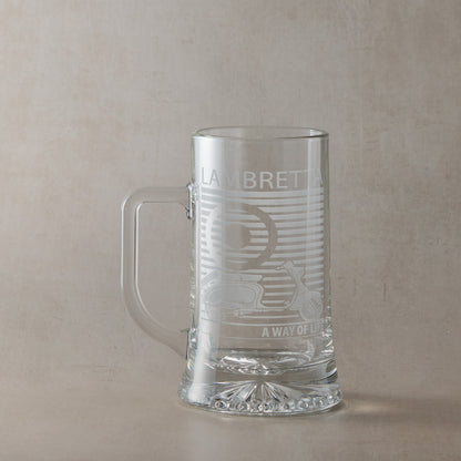 Lambretta TV175 scooter engraved tankard with handle left, photographed on neutral beige background.