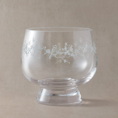 Engraved presentation bowl with floral garland, butterflies, and garden birds, wrapped around the glass.
