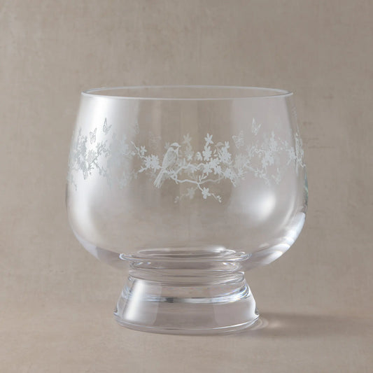 Engraved presentation bowl with floral garland, butterflies, and garden birds, wrapped around the glass.