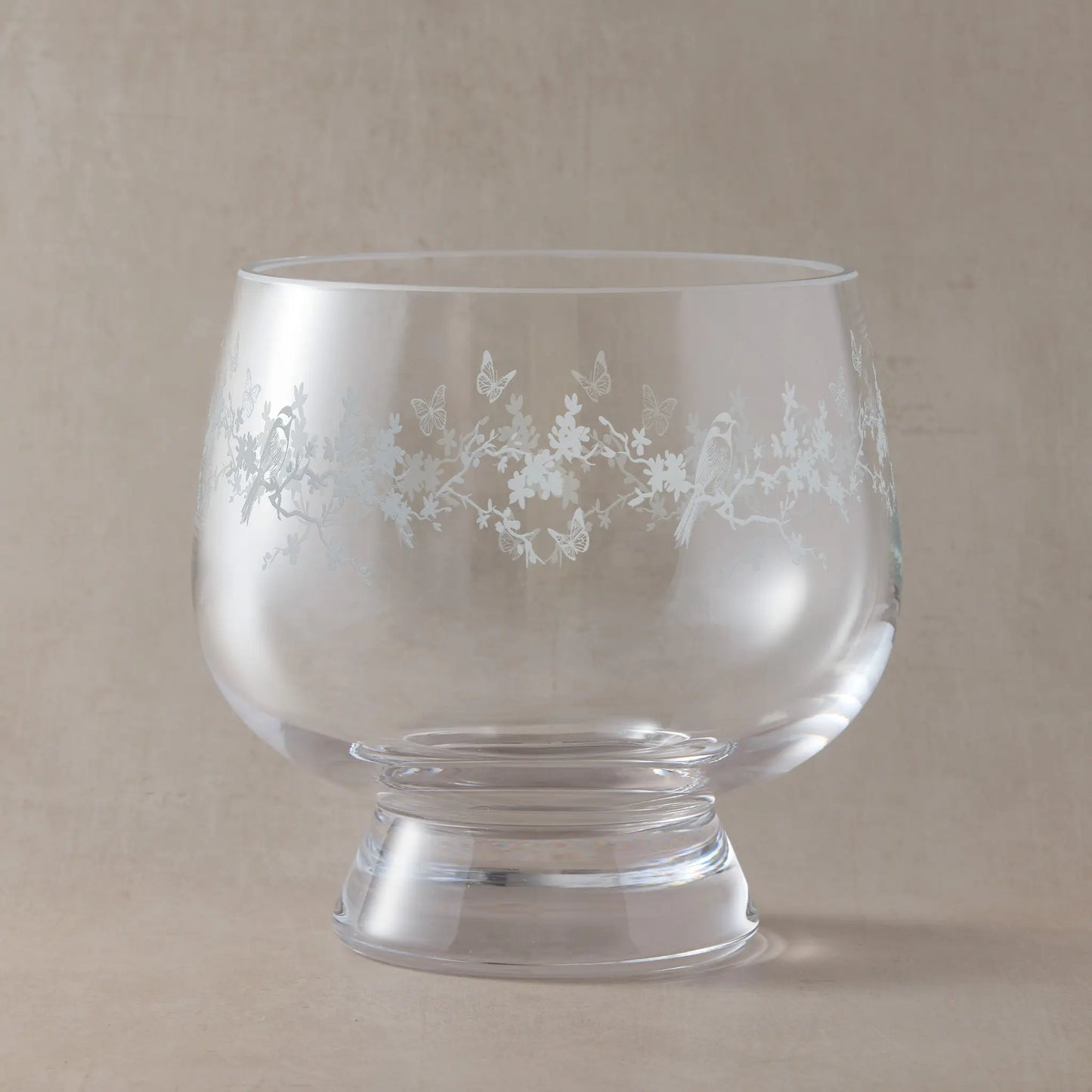 Engraved presentation bowl with floral garland, garden birds and butterflies, wrapped around the glass.