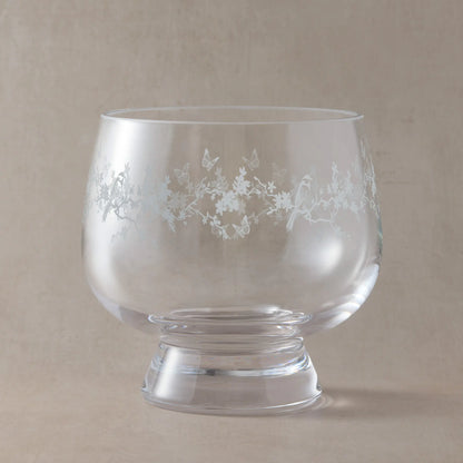Engraved presentation bowl with floral garland, garden birds and butterflies, wrapped around the glass.