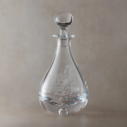Wine decanter engraved with a galloping horse encircled with an anamorphic design
