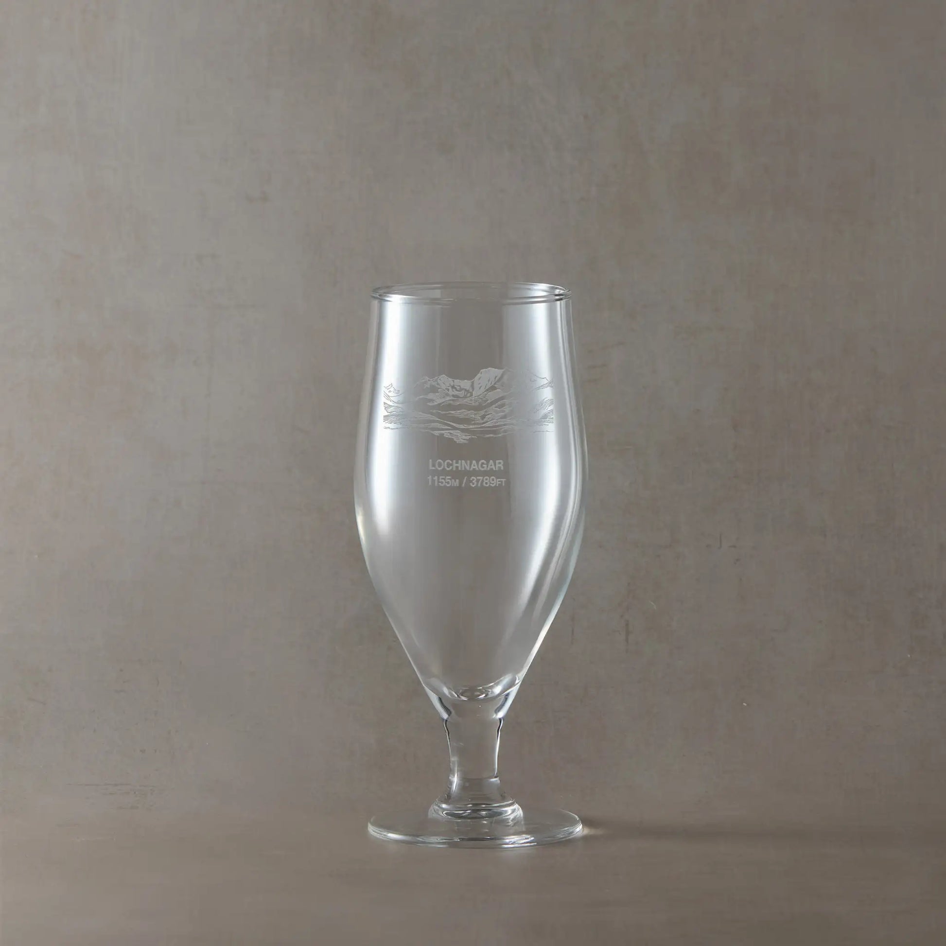 Chalice beer glass engraved with Meikle Pap, Lochnagar and its height in metres and feet