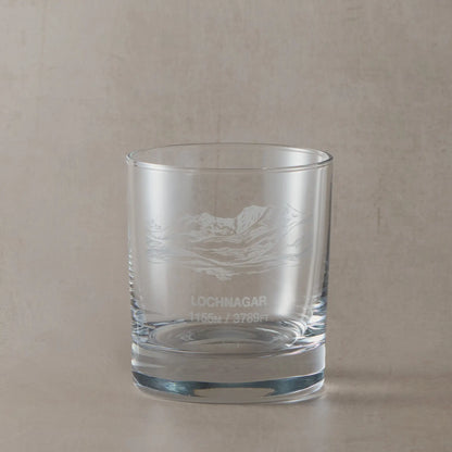 Lochnagar engraved whisky glass featuring an illustration of Miekle Pap
