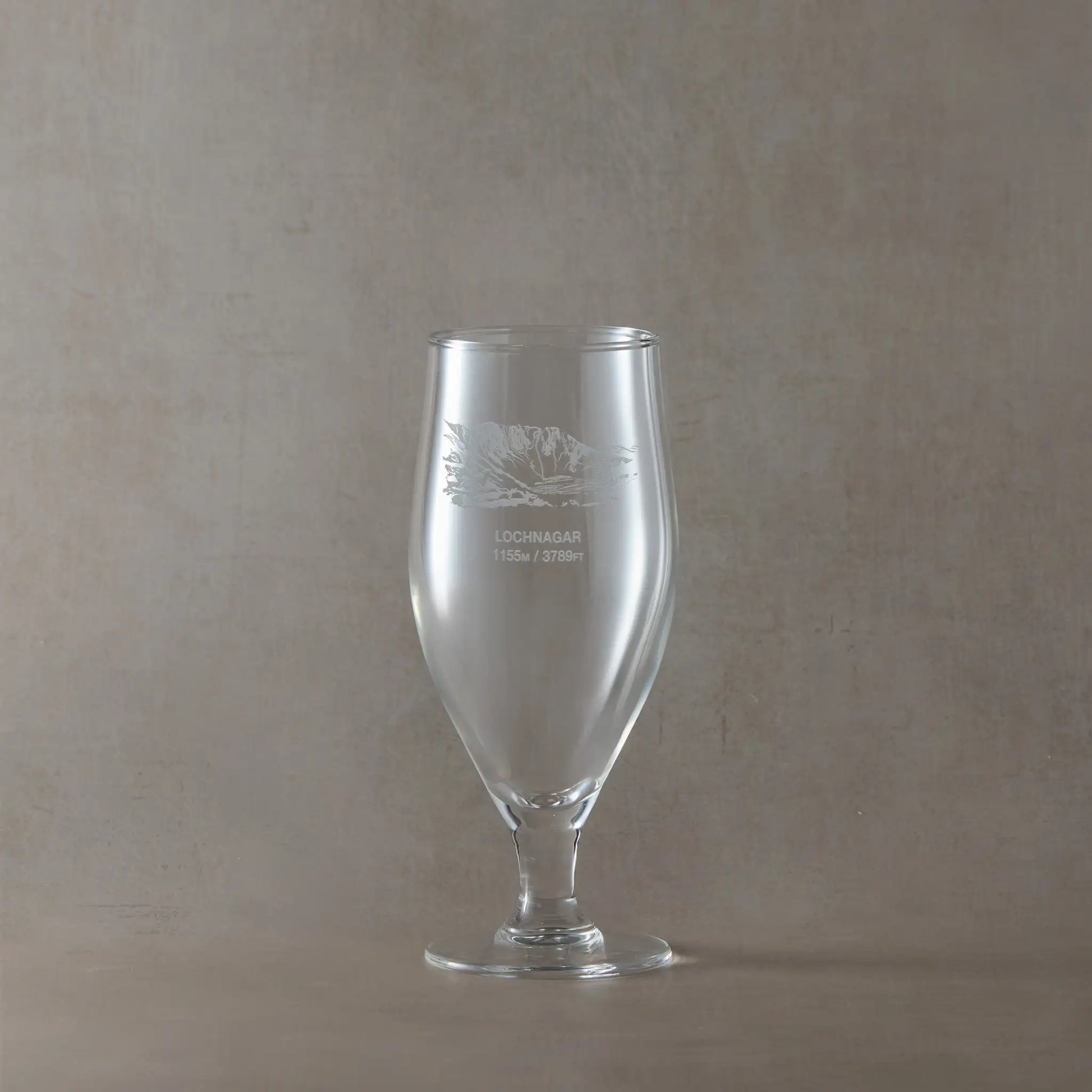 Chalice beer glass engraved with North Corrie, Lochnagar and its height in metres and feet