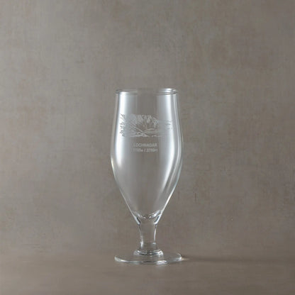 Chalice beer glass engraved with North Corrie, Lochnagar and its height in metres and feet