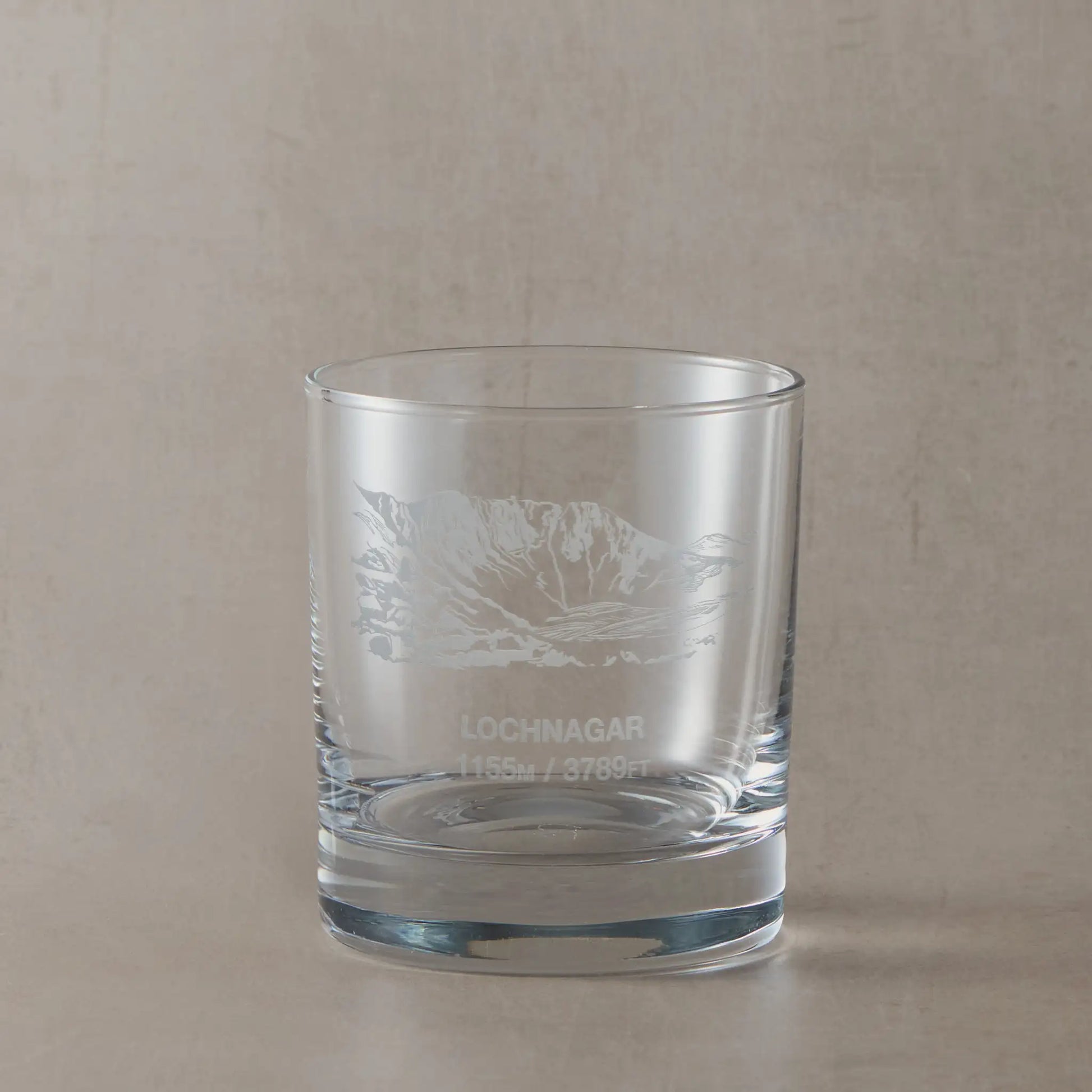 Whisky glass engraved with the North Corrie crags of Lochnagar 