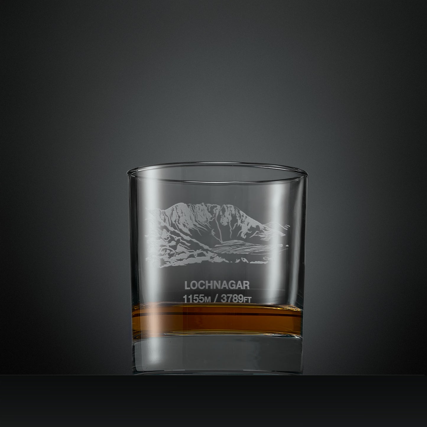 Engraved whisky glass with Lochnagar North Corrie illustration