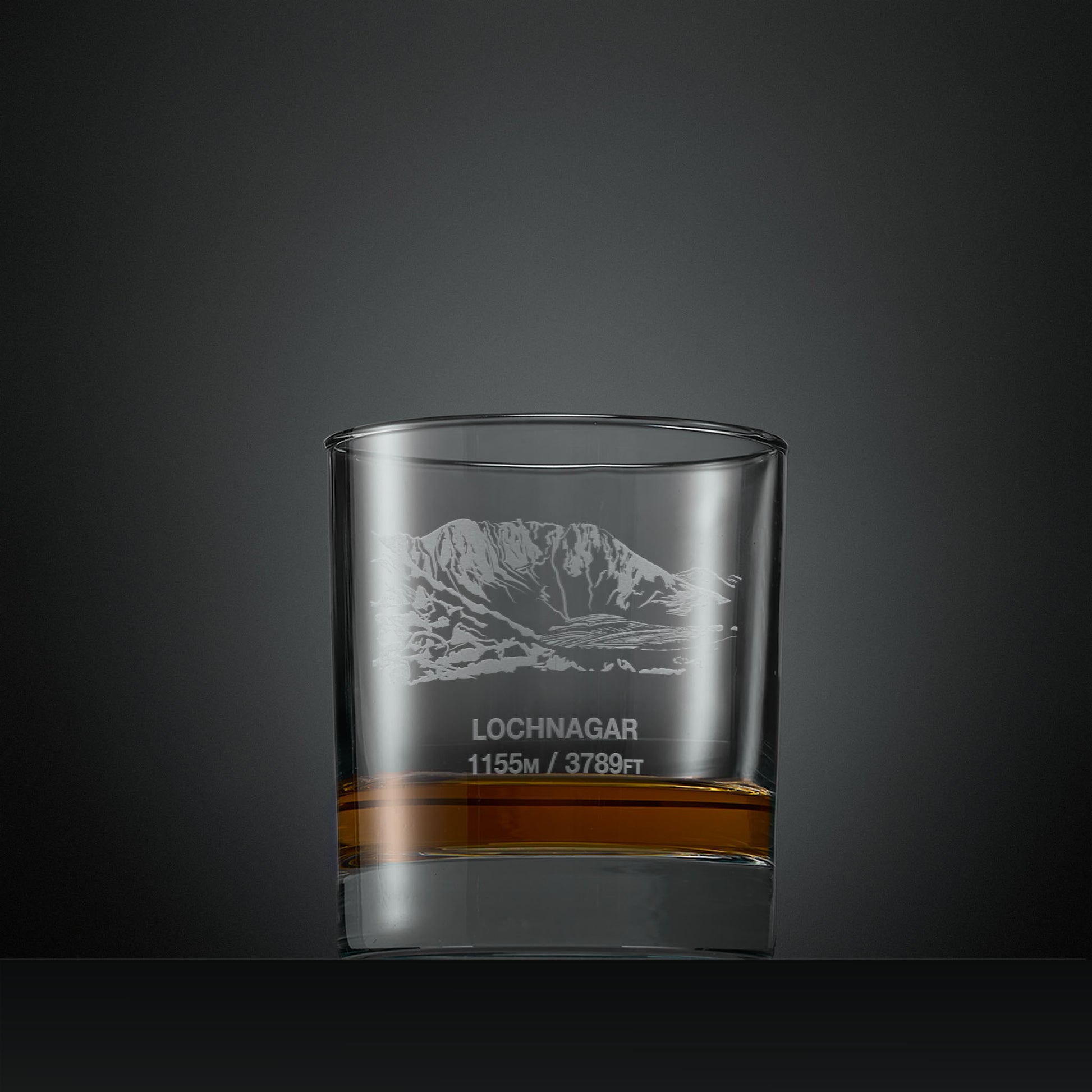 Engraved whisky glass with Lochnagar North Corrie illustration