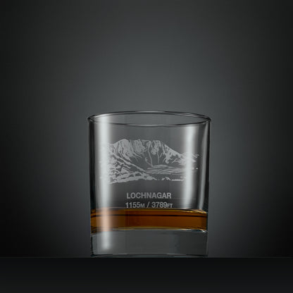Engraved whisky glass with Lochnagar North Corrie illustration