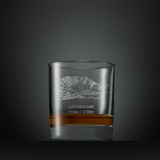 Engraved whisky glass with Lochnagar North Corrie illustration