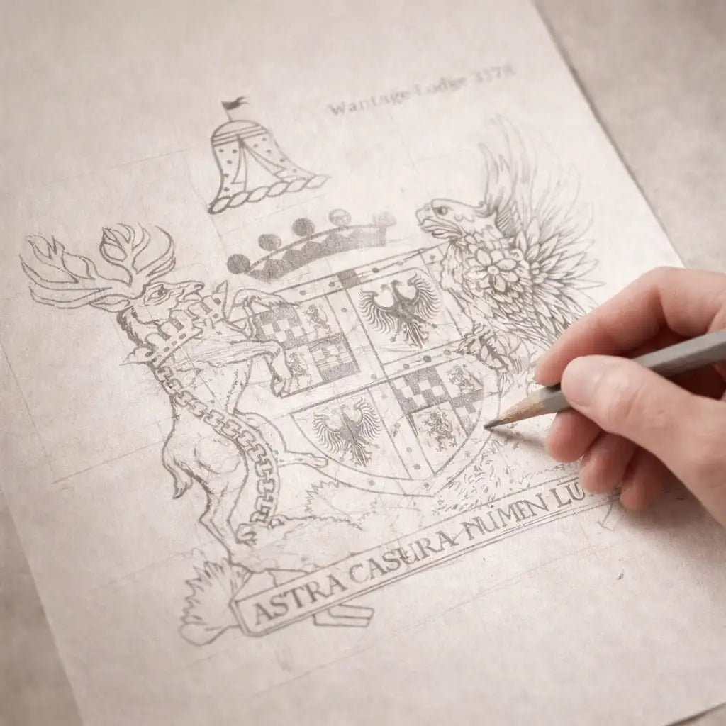 Hand drawing showing preparation of a detailed coat of arms for engraving