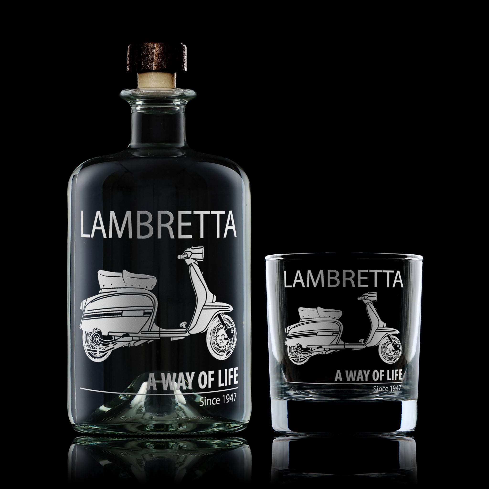 Two piece whisky decanter gift set engraved with a series 3 Lambretta GP Scooter and a personalised message