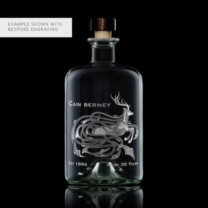 Personalised engraved stag decanter with intricate knotwork design on a black background
