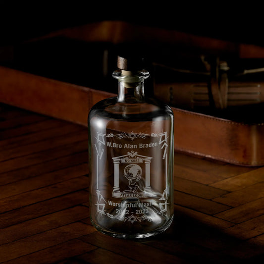 Engraved apothecary style decanter with personalised Masonic Lodge details and freemasonry symbols