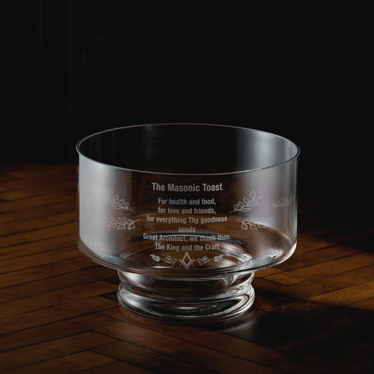 Engraved presentation bowl with personalised Masonic Lodge details and freemasonry symbols