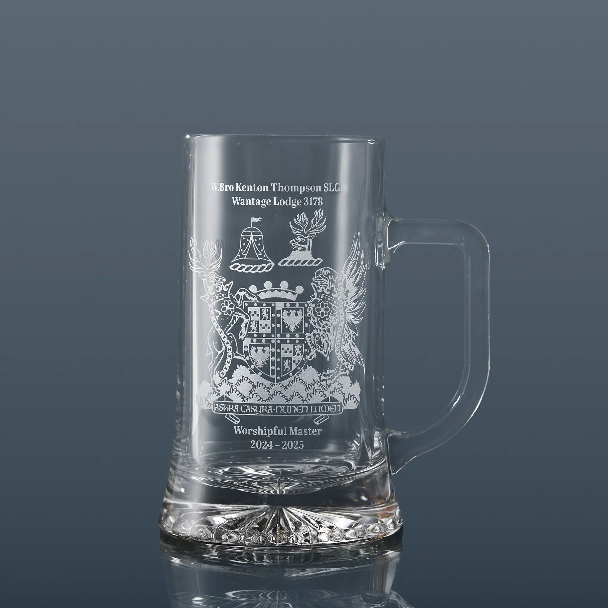 Masonic tankard engraved with a freemason lodge crest and personalised worshipful master text