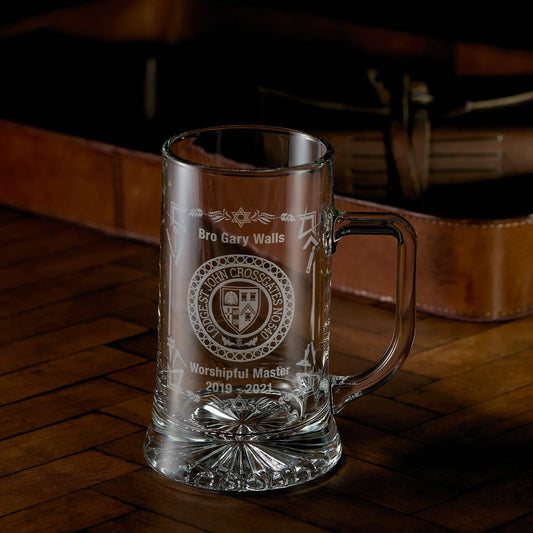 Engraved glass tankard with Masonic lodge crest and worshipful master inscription