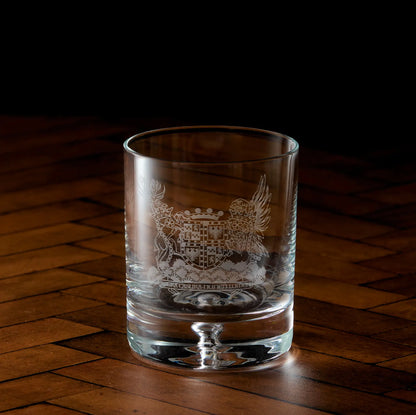 Engraved firing glass with Masonic Lodge coat of arms crest and inscription