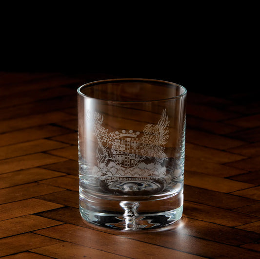 Engraved firing glass with Masonic Lodge coat of arms crest and inscription